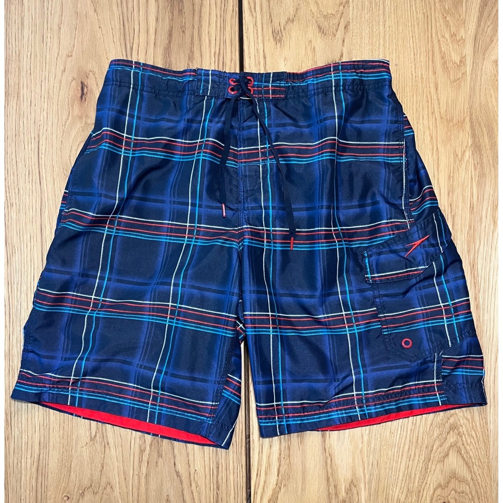 Speedo Plaid Swim Trunks Mens Large Blue Red Board Shorts Preppy Beachwear